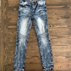 Boys Mecca Jeans 16 Distressed Blue Moto Ribbed Knees Stretch Urban Streetwear